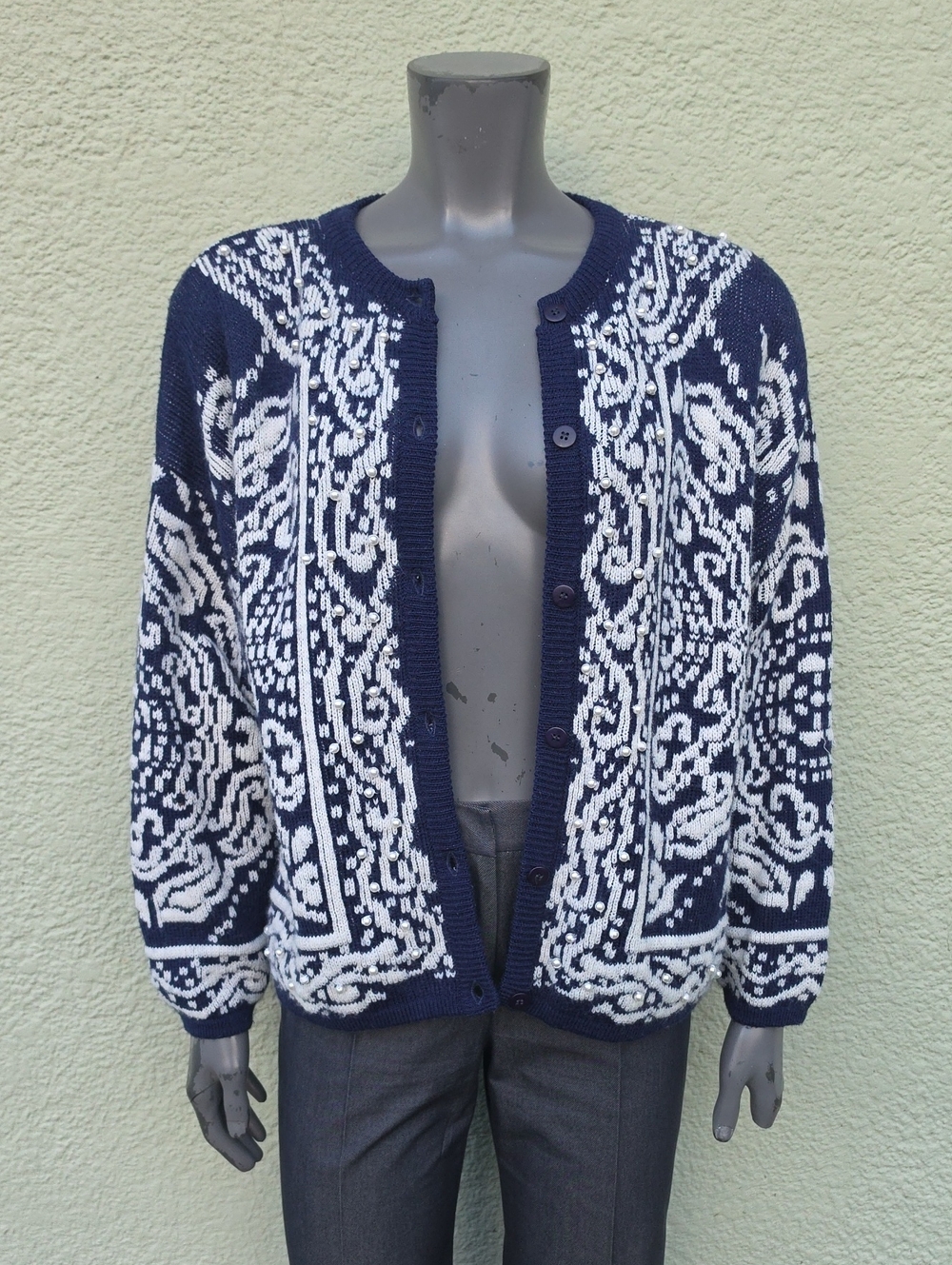 Kitty Hawk by Vivian Wang Navy and White Pearl Laced Vintage Sweater